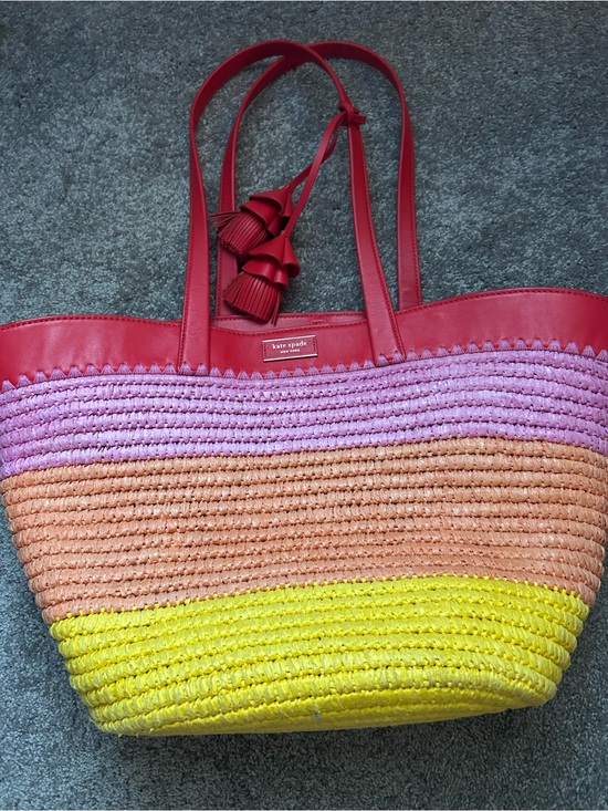 kate spade Handbags - kate spade Pink, Peach & Yellow Woven Straw Tote with Red Trim and Tassels